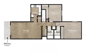 2-bedroom, 2-bath floor plan with large living area, kitchen, two bedrooms, two baths, and balcony.