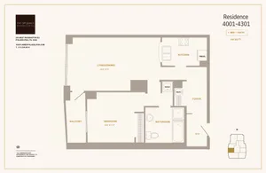 Modern apartment floor plan at The St James featuring 1 bedroom, 1 bath, spacious living/dining area, kitchen, and balcony in 914 sq ft.