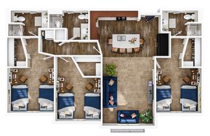 Charming floor plan showcasing 4 cozy bedrooms, a modern kitchen with island seating, and a spacious living area.