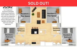 Modern floor plan showcasing a versatile 2-bedroom, 2-bathroom layout with flex spaces, private bathrooms, and a central open living area.