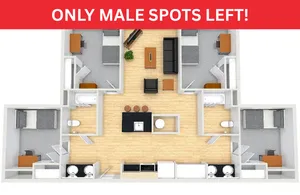 Modern floor plan showcasing a symmetrical 4-bedroom apartment with shared common area and kitchen, emphasizing stylish design and efficient use of space.