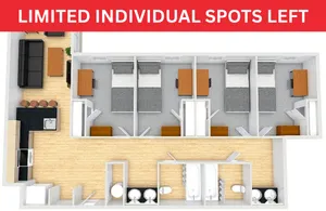 Contemporary 3D floor plan showcasing 4 cozy bedrooms, stylish living area, modern kitchen with bar seating, and dual spacious bathrooms.