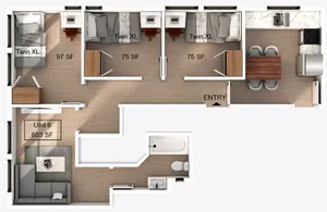 Contemporary floor plan for Unit 6, featuring two cozy bedrooms with Twin XL beds, a sleek kitchen with dining area, and a stylish living room, totaling 603 sq ft of optimized living space.