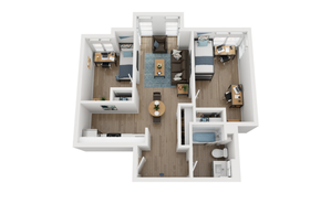 Modern 3D floor plan showcasing 2 cozy bedrooms, a chic living room, and a functional open kitchen layout.