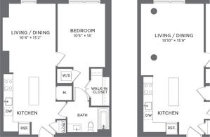 Elegant floor plans featuring inviting living/dining areas, modern kitchens, and spacious bedrooms with sleek walk-in closets.