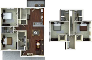 Elegant 3D floor plan highlighting 3 spacious bedrooms, an open-concept kitchen and living area, and an inviting layout.