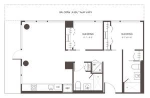 Modern floor plan featuring dual sleeping areas, efficient kitchen, and versatile living space with potential balcony layout.