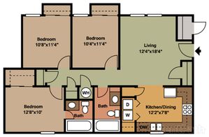 Charming floor plan showcasing 3 bedrooms, 2 bathrooms, and a spacious living area with an open kitchen/dining space, perfect for modern living.