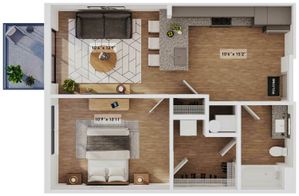 Modern 1-bedroom floor plan featuring an open-concept living area, chic kitchen with island, and inviting private balcony.