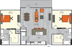 2 bedroom 2 bath apartment with dining area, kitchen island, walk in closets and 1213 sq ft