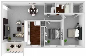 Modern floor plan featuring 2 elegant bedrooms, open-concept living and dining area, sleek kitchen, and a cozy balcony space.
