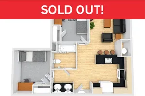 Elegant floor plan showcasing two cozy bedrooms, a sleek modern kitchen, and an inviting living space with a sold-out banner.