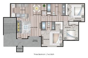 Modern three-bedroom floor plan featuring two stylish bathrooms, an open-concept living room, and a spacious kitchen with dining area, ideal for comfortable living.