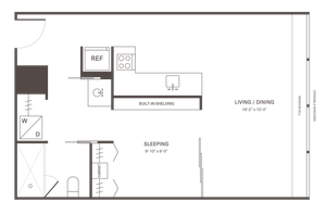 Modern studio floor plan featuring a combined living and dining area, efficient kitchen, and spacious sleeping zone.