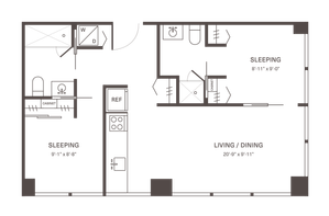 Modern floor plan showcasing two cozy sleeping areas, an efficient kitchen with adjacent living and dining spaces, plus a convenient laundry setup.