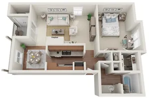 One Bedroom | 817 sqft | Full-Size Washer/Dryer Connections | Fireplace | Plank Flooring | Built-in Book Shelves | Patio/Balcony | Walk-in Closet
