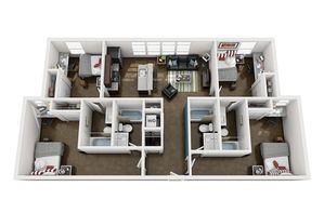 Modern 3D floor plan showcasing 3 spacious bedrooms, a cozy open-plan living area, and a sleek kitchen with island seating.