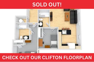 Modern Clifton floor plan showcasing a cozy open-concept living space, two bedrooms, and sleek wooden flooring. Perfect blend of style and functionality.