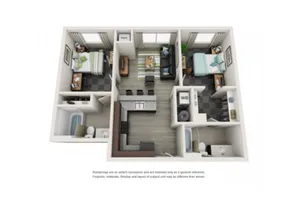 Modern 3D floor plan showcasing two spacious bedrooms, an open living area, and a sleek kitchen with island seating, perfect for stylish urban living.