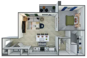 Modern 3D floor plan showcasing a cozy one-bedroom apartment with an open-concept living area, stylish kitchen island with seating, and balcony access.