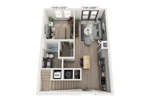 Modern 3D floor plan showcasing a spacious one-bedroom layout with an open-concept living and dining area, sleek kitchen, cozy bedroom, and convenient bathroom. The Beech Crest | 1 Bedroom Floor Plan | Woodburn Exchange Apartments East Walnut Hills