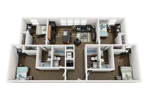 Modern 3D floor plan featuring three bedrooms, two bathrooms, an open living area with kitchen, and cozy furnishings.