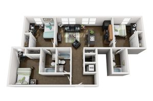 Modern 3D floor plan showcasing 2 bedrooms, cozy living room, and contemporary kitchen with integrated washer and dryer.