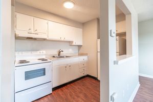 Bright and inviting kitchen with modern white cabinetry, sleek countertops, and warm wood flooring, perfect for culinary adventures.