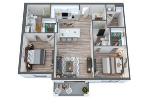 Modern 3D floor plan showcasing 2 bedrooms, a spacious open-concept kitchen, and a cozy living area with balcony access.