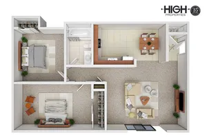 Elegant floor plan showcasing 2 bedrooms, a modern kitchen, inviting living area, and a dining space by High Properties.