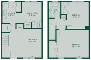 Charming two-story floor plan featuring 2 bedrooms, a cozy dining room, and an efficient kitchen layout. Includes spacious living room, ample closet space, and modern amenities.