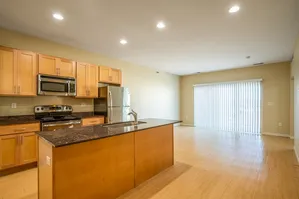 Modern open-plan kitchen and living area with sleek stainless steel appliances and elegant wooden cabinetry.
