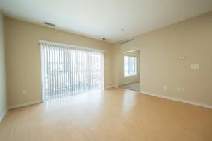 Bright and airy living room with large sliding glass doors, natural light, and elegant hardwood floors.