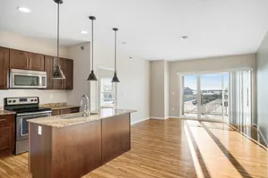 Modern open-concept kitchen and living area with sleek appliances, elegant wooden cabinetry, and large windows offering abundant natural light.