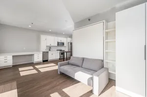 Modern open-concept living space featuring sleek kitchen with white cabinetry, integrated appliances, and a cozy gray sofa, enhanced by abundant natural light.