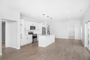 Modern open-concept kitchen and living area with sleek white cabinetry, stainless steel appliances, and elegant pendant lighting.