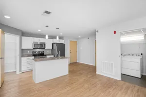 Modern open-concept kitchen and living area with sleek appliances, hardwood flooring, and convenient in-unit laundry.