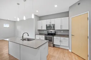 Modern kitchen with sleek countertops, stainless steel appliances, and elegant pendant lighting, perfect for culinary enthusiasts.
