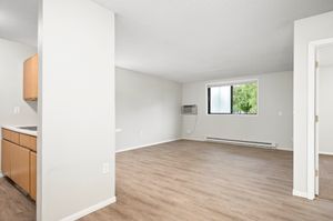 Bright, open-concept living area with modern wooden flooring and a large window for natural light.