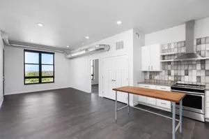 Modern open-concept apartment with sleek dark flooring, stylish kitchen, and large window offering scenic views.