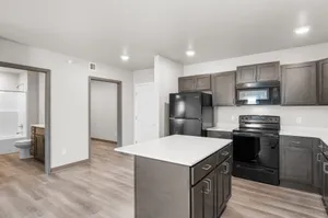 Modern kitchen with sleek appliances, open layout, and adjoining bathroom. Features stylish cabinetry and spacious countertops.