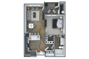 Modern 2D floor plan showcasing a stylish 1-bedroom apartment with an open-concept kitchen, cozy living room, and spacious bathroom.