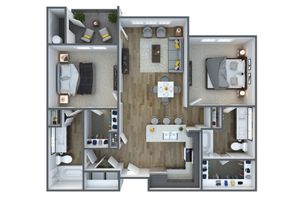 Modern 2D floor plan featuring two spacious bedrooms, open-concept living room, stylish kitchen with island, and elegant bathroom layout.