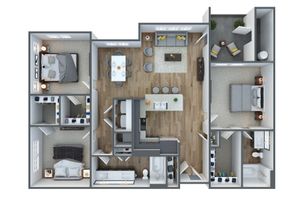 Contemporary 3D floor plan featuring three bedrooms, a modern kitchen island, and open-plan living and dining areas designed for comfort and style.