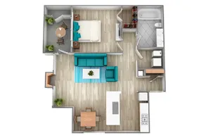 Modern 3D apartment floor plan showcasing a single bedroom, open living area, kitchen with island, and cozy balcony.
