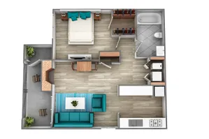 Modern 3D floor plan featuring a cozy bedroom, open living area with stylish furniture, and a well-equipped kitchen.