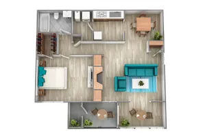 Inviting 3D floor plan showcasing a cozy 1-bedroom apartment with spacious living area, modern kitchen, dining area, and private outdoor terrace.