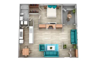Modern 3D floor plan showcasing a spacious one-bedroom apartment with open-concept living area, sleek kitchen, and cozy dining space. Features a stylish living room and private balcony.