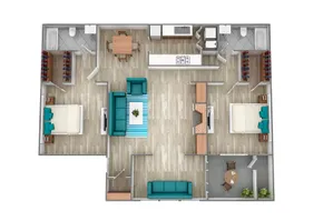 Modern 2D floor plan featuring two spacious bedrooms, a sleek open-concept kitchen and living area, and stylish furnishings.