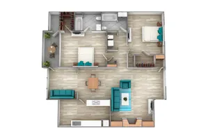 Modern 3D floor plan showcasing two cozy bedrooms, a spacious open-plan living area with stylish furniture, a contemporary kitchen, and a chic dining space.